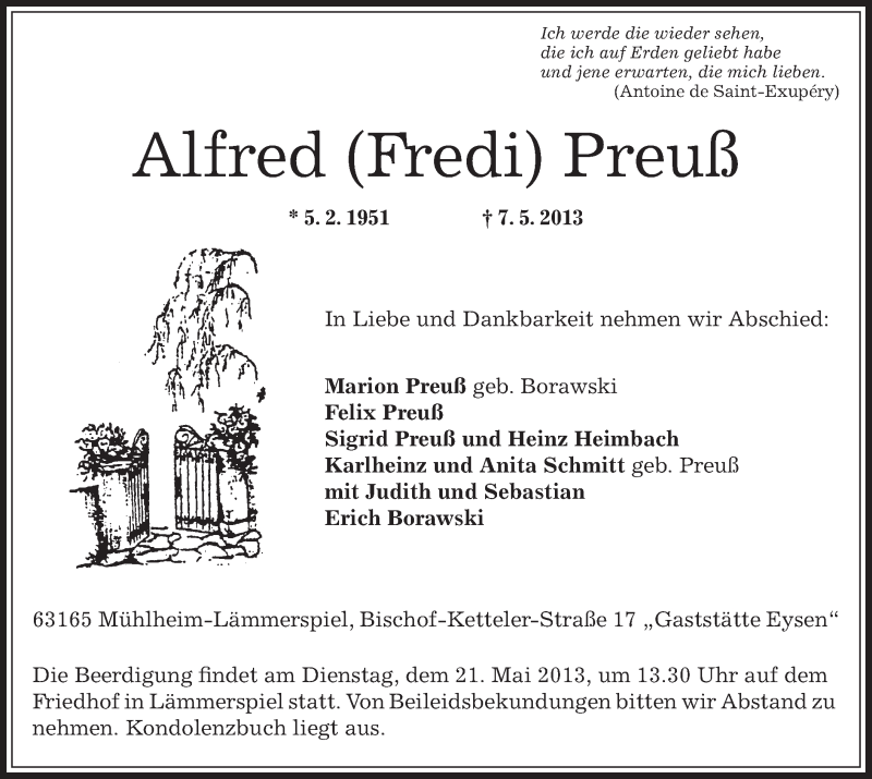  Traueranzeige für Alfred Preuß vom 16.05.2013 aus Offenbach