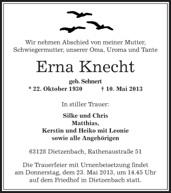 Traueranzeige von Erna Knecht von Offenbach