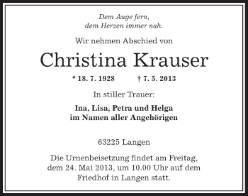 Traueranzeige von Christina Krauser von Offenbach