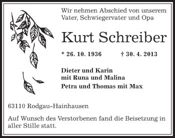 Traueranzeige von Kurt Schreiber von Offenbach