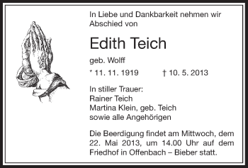 Traueranzeige von Edith Teich von Offenbach
