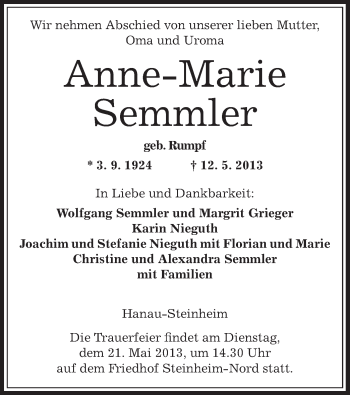 Traueranzeige von Anne-Marie Semmler von Offenbach