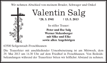 Traueranzeige von Valentin Salg von Offenbach