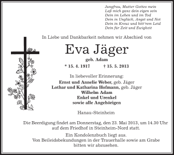 Traueranzeige von Eva Jäger von Offenbach