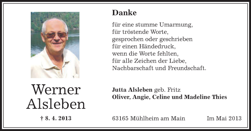  Traueranzeige für Werner Alsleben vom 18.05.2013 aus Offenbach