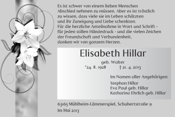 Traueranzeige von Elisabeth Hillar von Offenbach