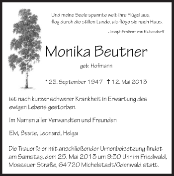 Traueranzeige von Monika Beutner von Offenbach