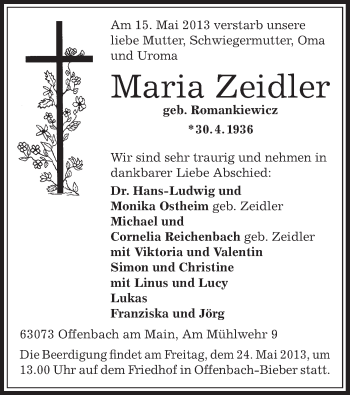 Traueranzeige von Maria Zeidler von Offenbach