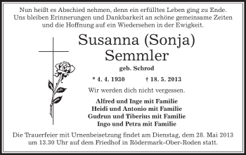 Traueranzeige von Susanna Semmler von Offenbach