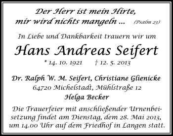 Traueranzeige von Hans Andreas Seifert von Offenbach