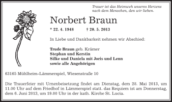 Traueranzeige von Norbert Braun von Offenbach