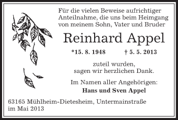 Traueranzeige von Reinhard Appel von Offenbach