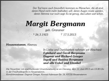 Traueranzeige von Margit Bergmann von Offenbach