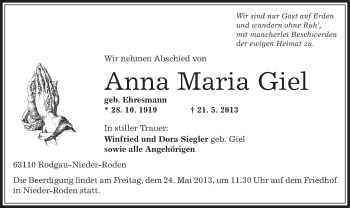 Traueranzeige von Anna Maria Giel von Offenbach