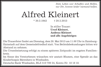 Traueranzeige von Alfred Kleinert von Offenbach