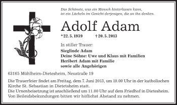 Traueranzeige von Adolf Adam von Offenbach