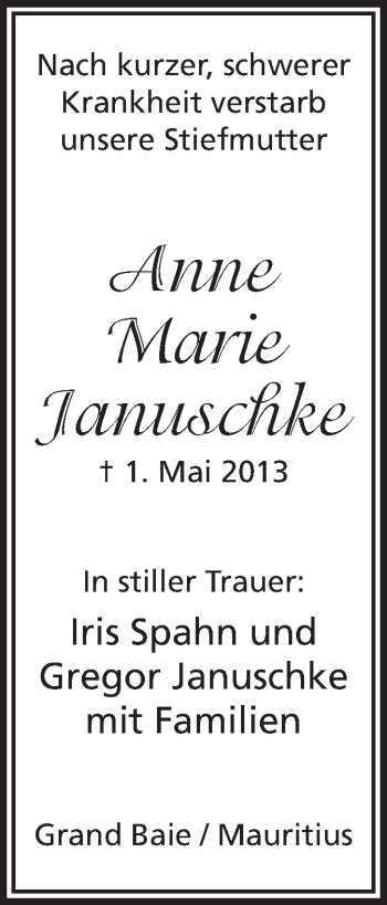 Traueranzeige von Anne Marie Januschke von Offenbach