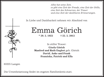 Traueranzeige von Emma Görich von Offenbach