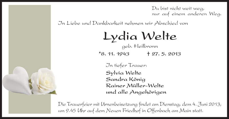  Traueranzeige für Lydia Welte vom 01.06.2013 aus Offenbach