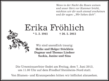 Traueranzeige von Erika Fröhlich von Offenbach