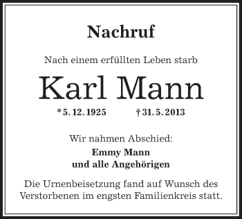 Traueranzeige von Karl Mann von Offenbach