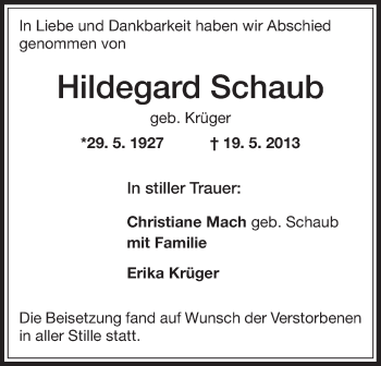Traueranzeige von Hildegard Schaub von Offenbach