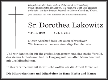 Traueranzeige von Dorothea Lakowitz von Offenbach