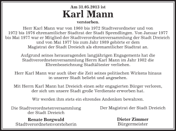 Traueranzeige von Karl Mann von Offenbach