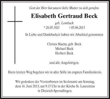 Traueranzeige von Elisabeth Gertraud Beck von Offenbach