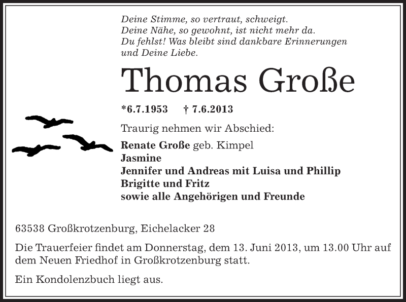  Traueranzeige für Thomas Große vom 10.06.2013 aus Offenbach