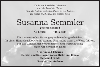 Traueranzeige von Susanna Semmler von Offenbach