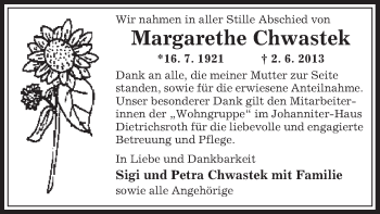 Traueranzeige von Margarethe Chwastek von Offenbach