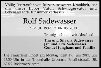 Traueranzeige von Rolf Sadewasser von Offenbach