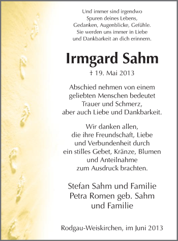Traueranzeige von Irmgard Sahm von Offenbach