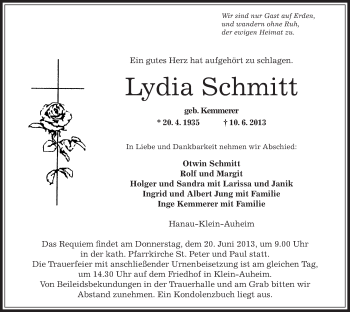 Traueranzeige von Lydia Schmitt von Offenbach