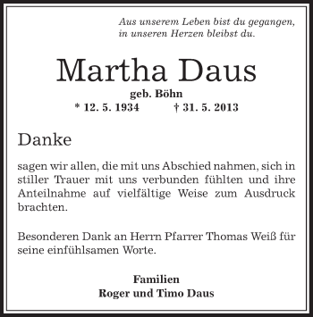 Traueranzeige von Martha Daus von Offenbach
