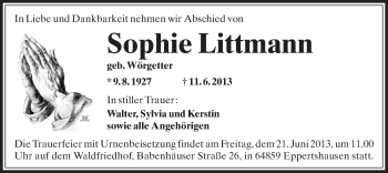 Traueranzeige von Sophie Littmann von Offenbach