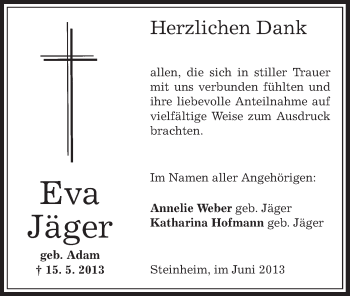 Traueranzeige von Eva Jäger von Offenbach