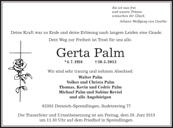 Traueranzeige von Gerta Palm von Offenbach