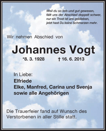 Traueranzeige von Johannes Vogt von Offenbach