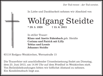 Traueranzeige von Wolfgang Steidte von Offenbach