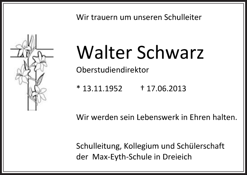  Traueranzeige für Walter Schwarz vom 22.06.2013 aus Offenbach