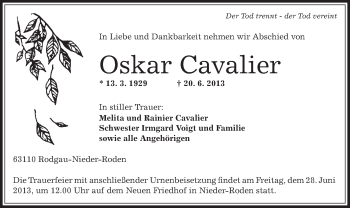 Traueranzeige von Oskar Cavalier von Offenbach