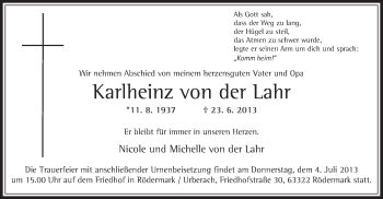 Traueranzeige von Karlheinz von der Lahr von Offenbach