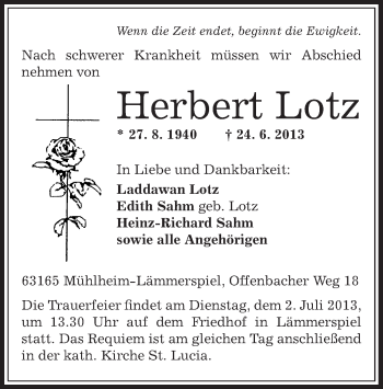 Traueranzeige von Herbert Lotz von Offenbach