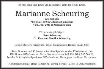 Traueranzeige von Marianne Scheuring von Offenbach