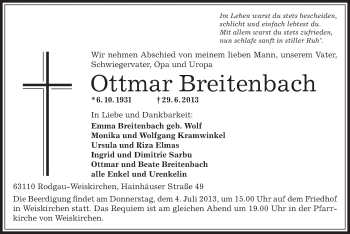 Traueranzeige von Ottmar Breitenbach von Offenbach