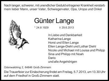 Traueranzeige von Günter Lange von Offenbach