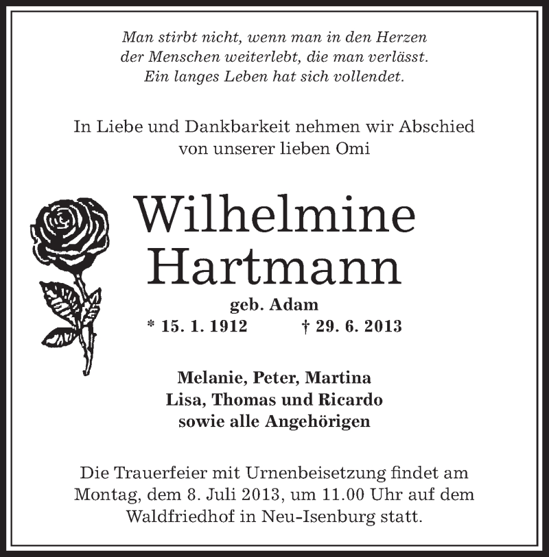  Traueranzeige für Wilhelmine Hartmann vom 04.07.2013 aus Offenbach