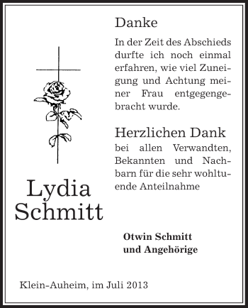 Traueranzeige von Lydia Schmitt von Offenbach